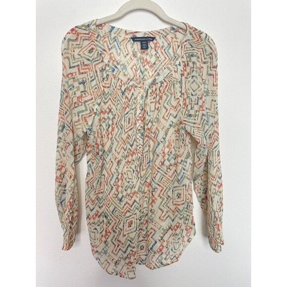 American Living Small Geo Print Peasant Blouse Long Sleeve Button Front - Picture 1 of 8